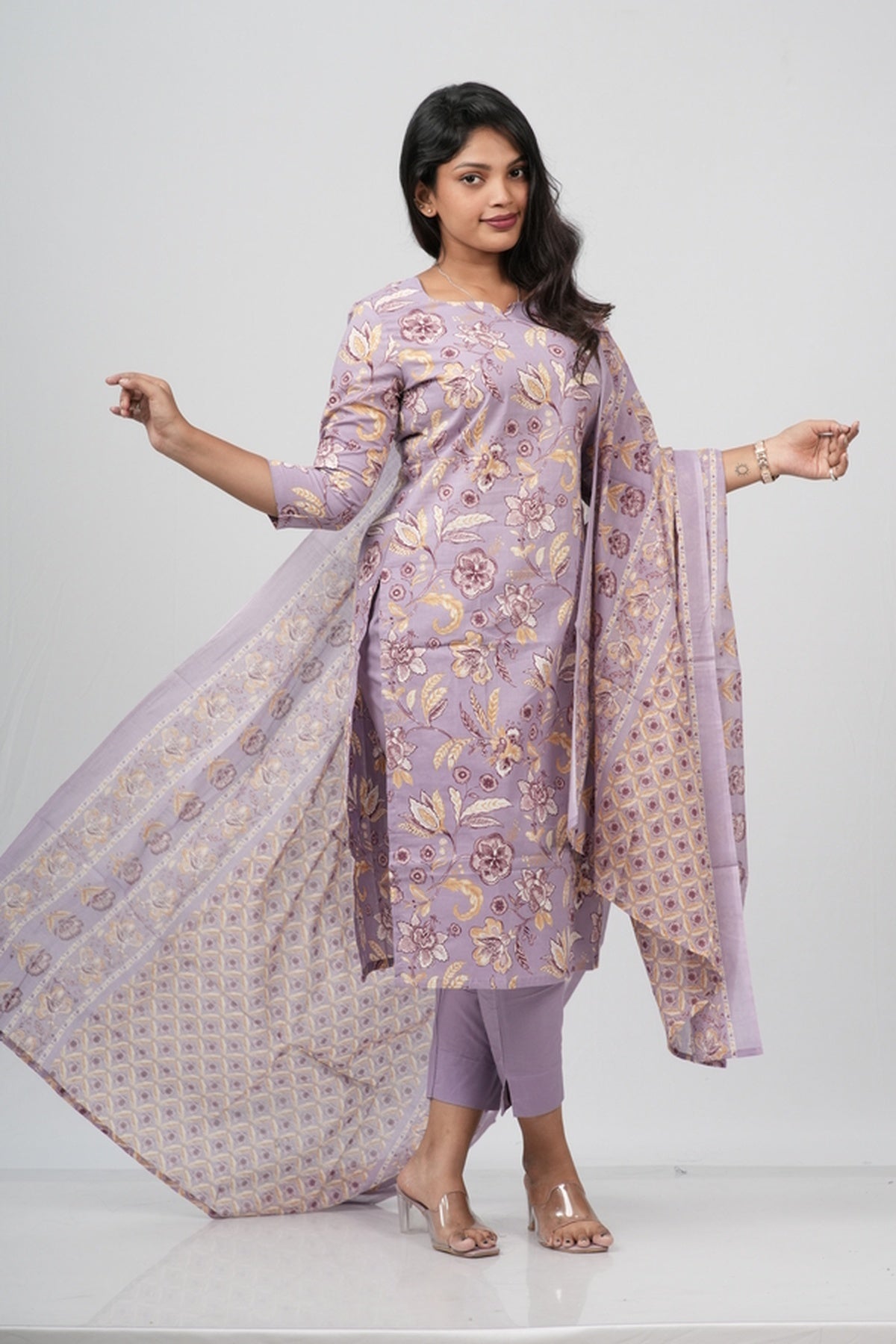 Lavender Mist Floral Print Cotton Suit Set