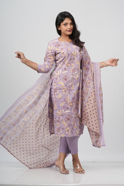 Lavender Mist Floral Print Cotton Suit Set