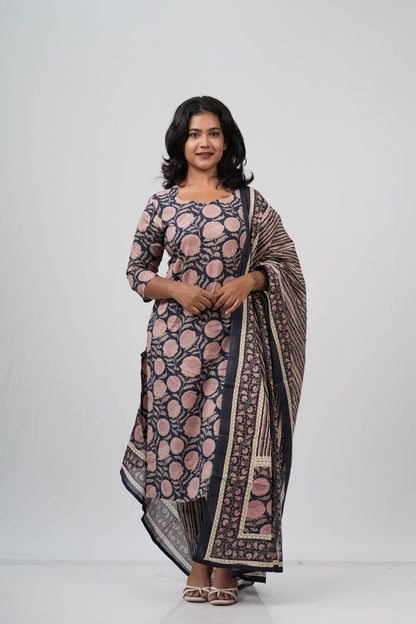Pink & Indigo Floral Cotton Suit Set
