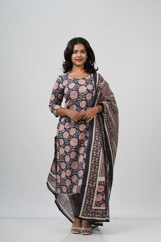 Pink & Indigo Floral Cotton Suit Set