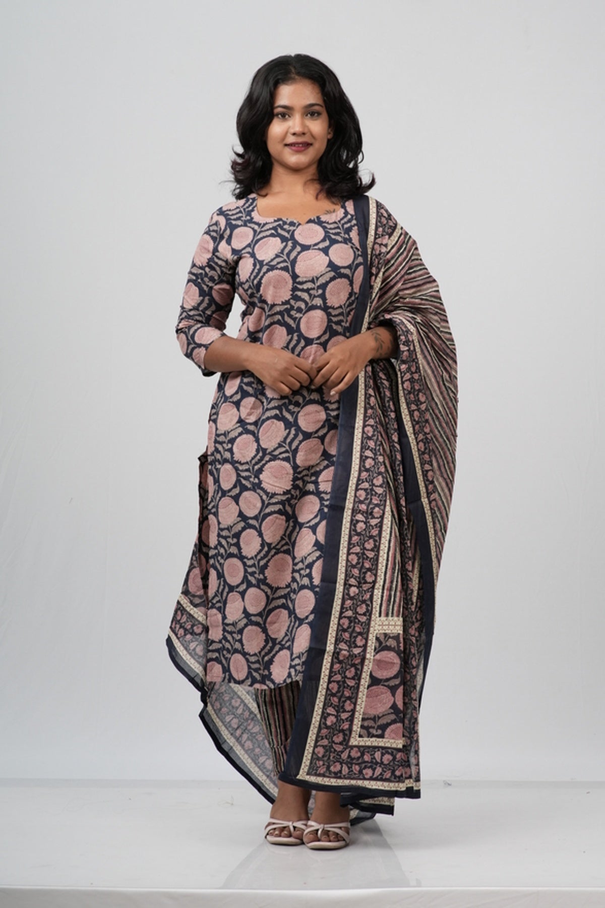 Pink & Indigo Floral Cotton Suit Set