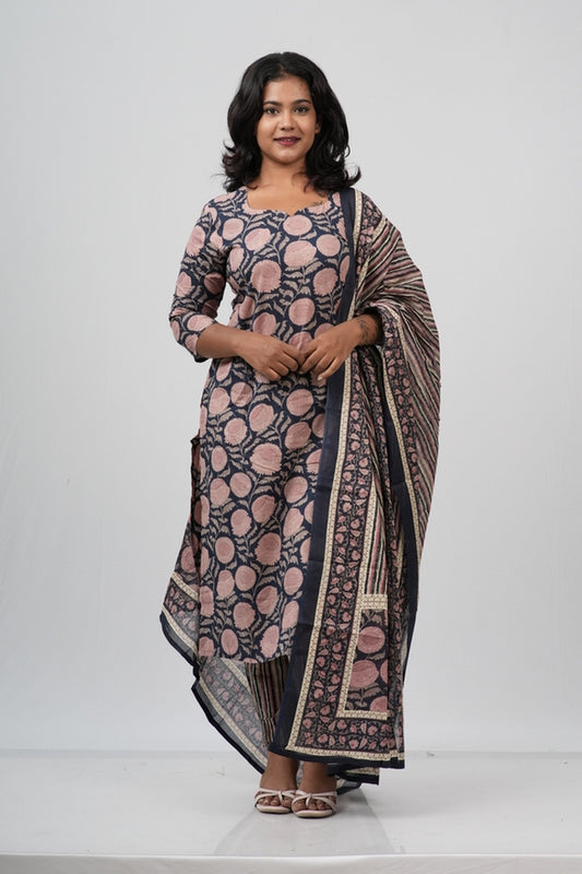 Pink & Indigo Floral Cotton Suit Set