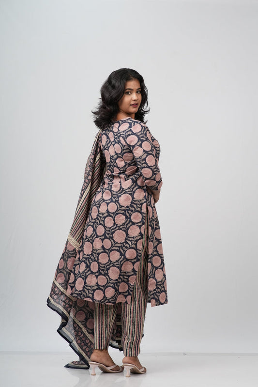 Pink & Indigo Floral Cotton Suit Set