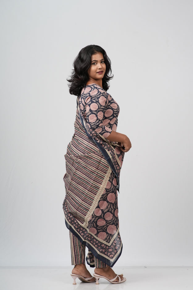 Pink & Indigo Floral Cotton Suit Set