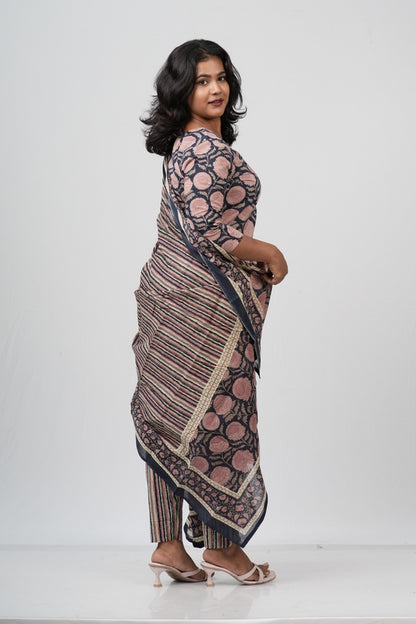Pink & Indigo Floral Cotton Suit Set