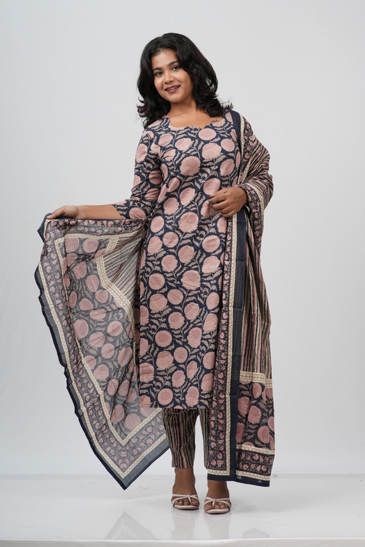 Pink & Indigo Floral Cotton Suit Set