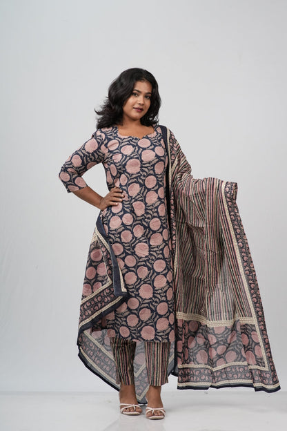 Pink & Indigo Floral Cotton Suit Set