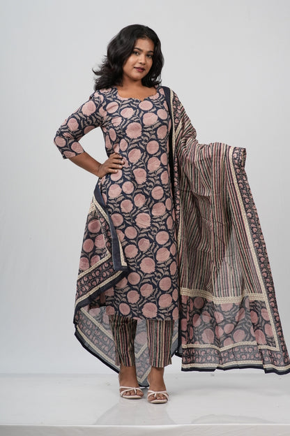 Pink & Indigo Floral Cotton Suit Set