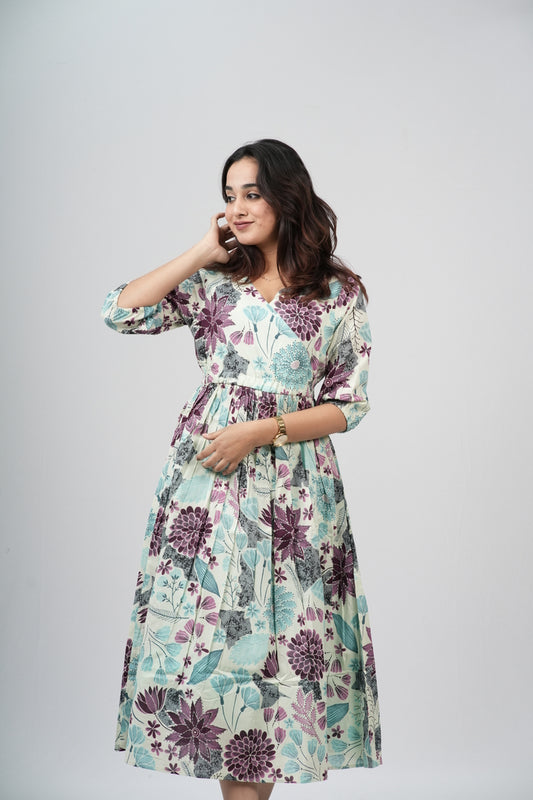 Sage & Plum Floral Meadow Cotton Tiered A-Line Dress