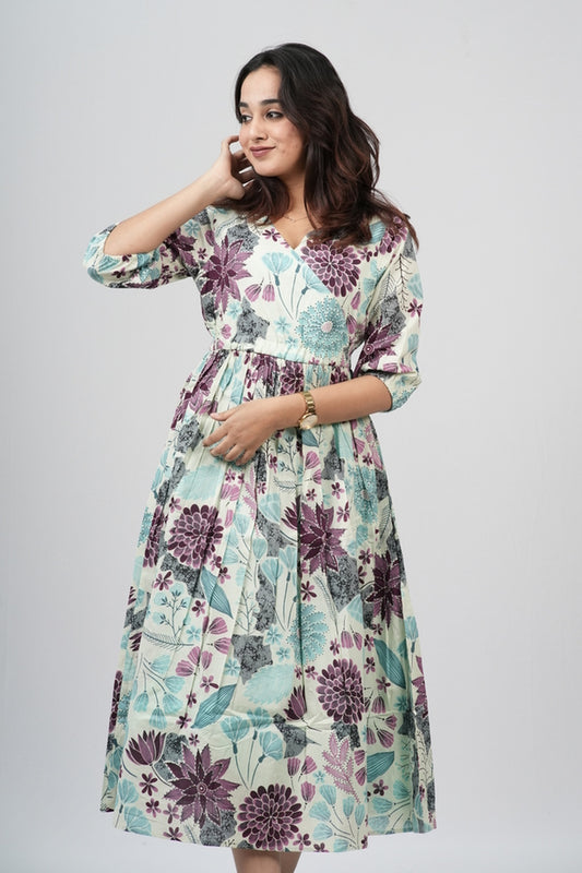 Sage & Plum Floral Meadow Cotton Tiered A-Line Dress