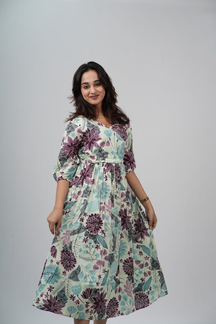 Sage & Plum Floral Meadow Cotton Tiered A-Line Dress