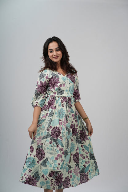 Sage & Plum Floral Meadow Cotton Tiered A-Line Dress