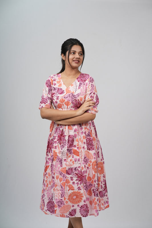 Wild Rose & Orchid Cotton Tiered A-Line Dress