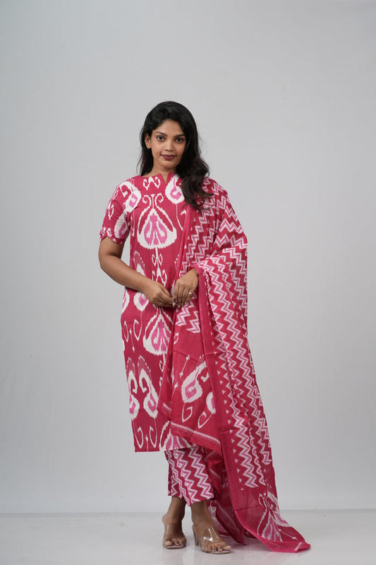 Berry Ikat Geometric Print Cotton Suit Set