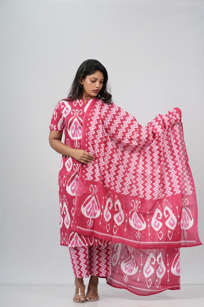 Berry Ikat Geometric Print Cotton Suit Set