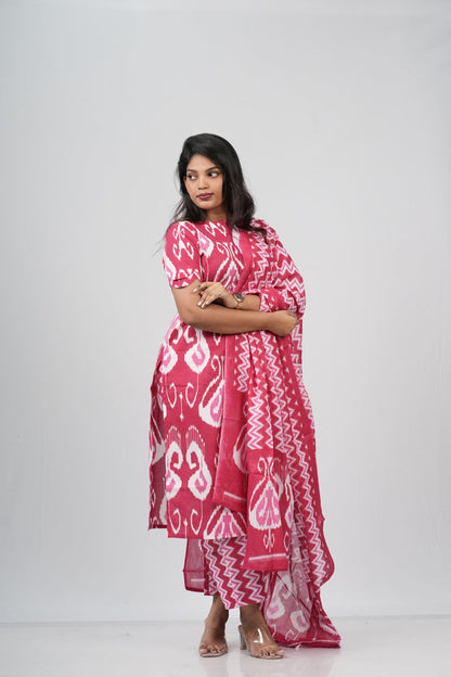 Berry Ikat Geometric Print Cotton Suit Set