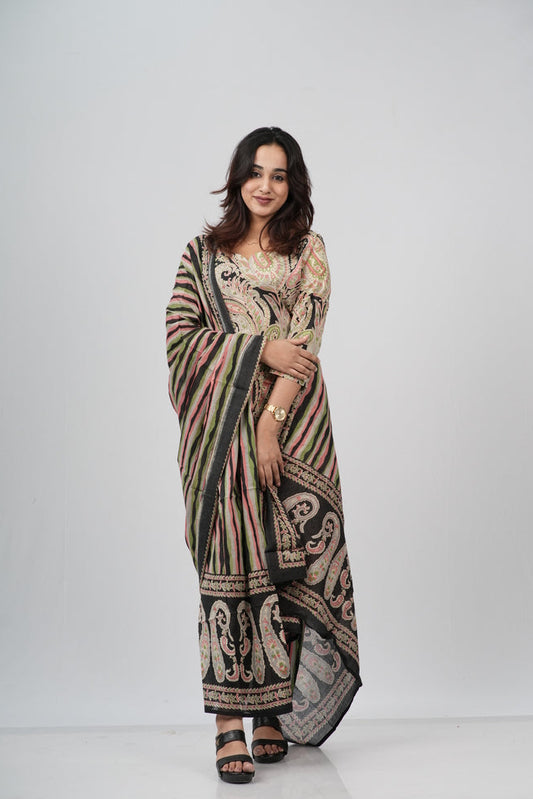 Beige & Black Lace-Print Cotton Suit Set