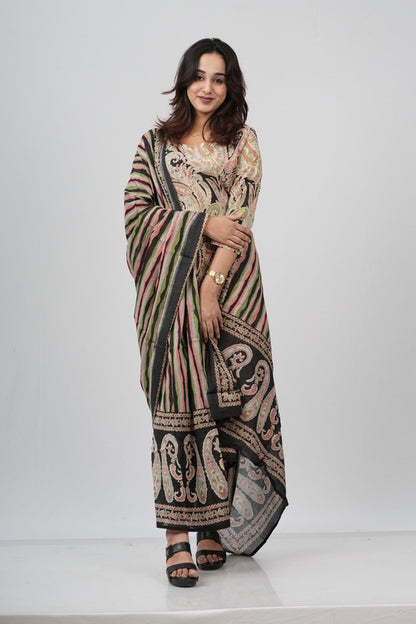 Beige & Black Lace-Print Cotton Suit Set