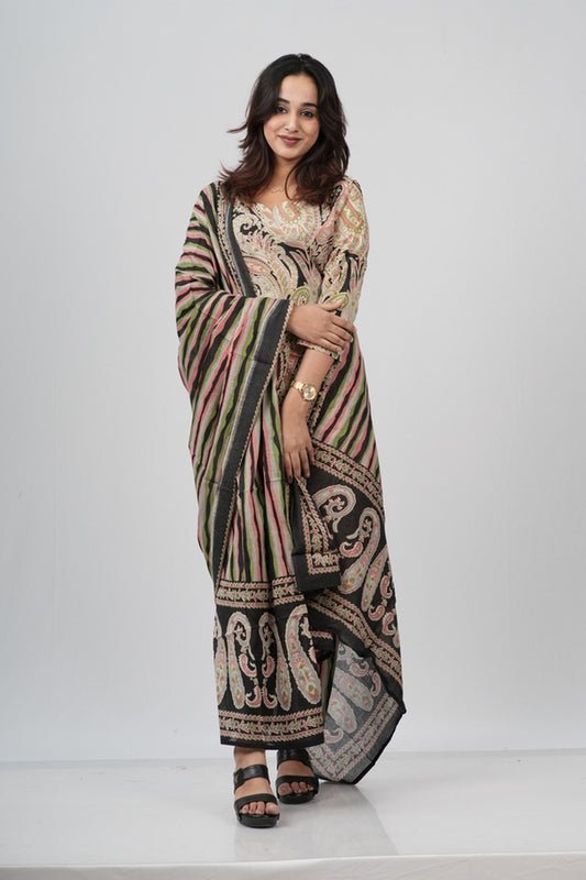Beige & Black Lace-Print Cotton Suit Set