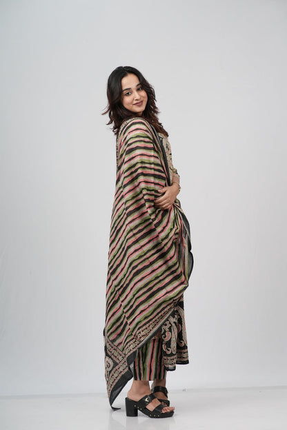 Beige & Black Lace-Print Cotton Suit Set