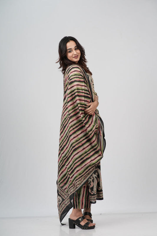 Beige & Black Lace-Print Cotton Suit Set