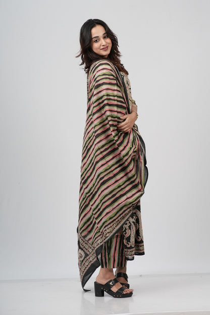 Beige & Black Lace-Print Cotton Suit Set