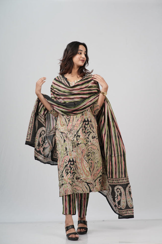 Beige & Black Lace-Print Cotton Suit Set