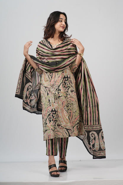 Beige & Black Lace-Print Cotton Suit Set