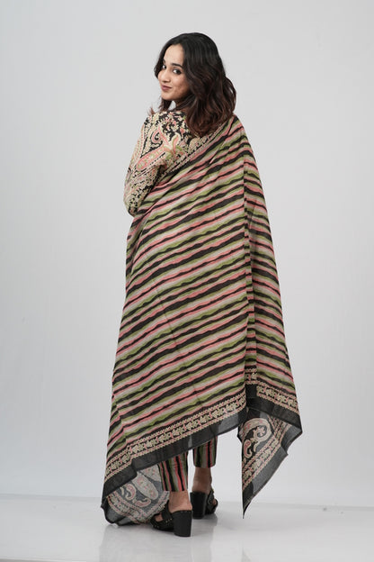 Beige & Black Lace-Print Cotton Suit Set