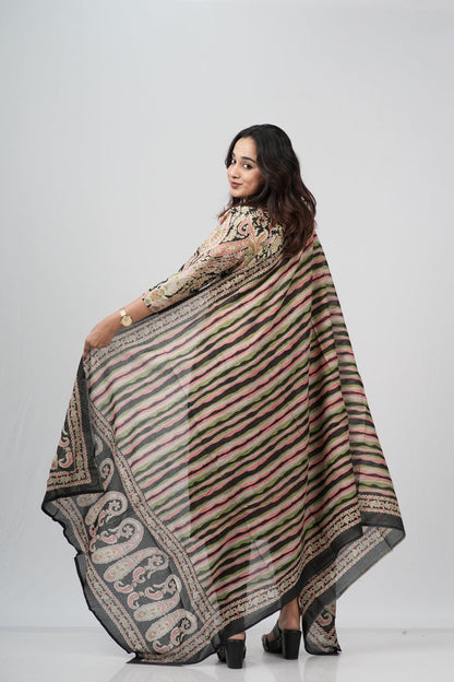 Beige & Black Lace-Print Cotton Suit Set