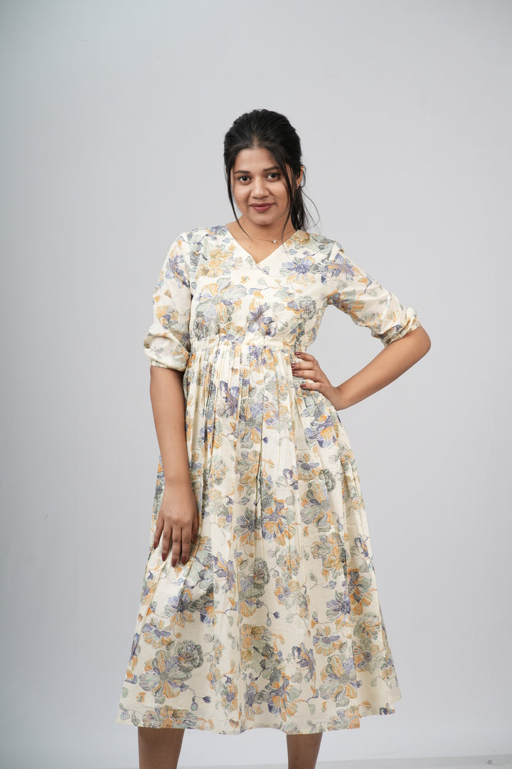 Cream Floral Cotton Tiered A-Line Dress
