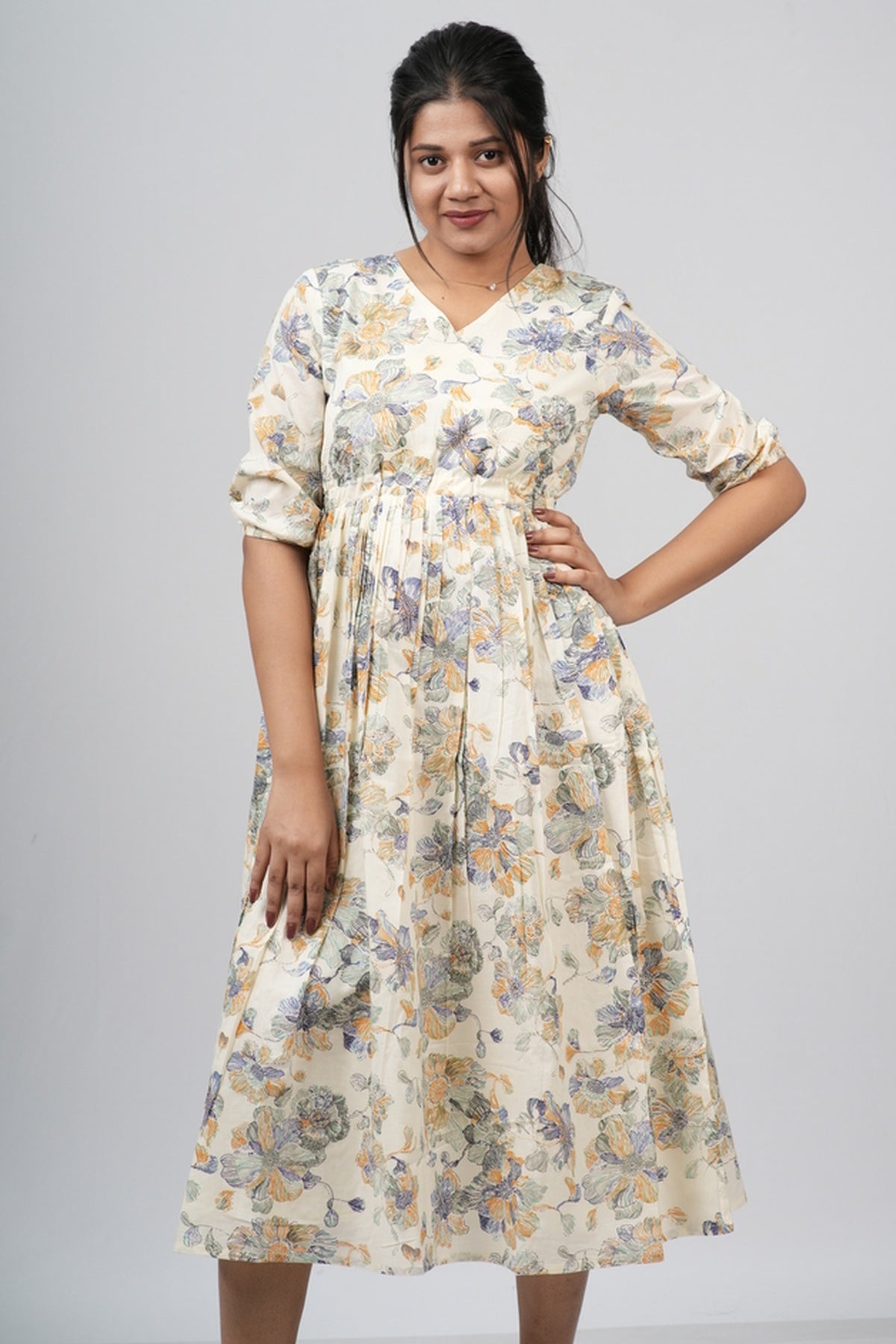 Cream Floral Cotton Tiered A-Line Dress