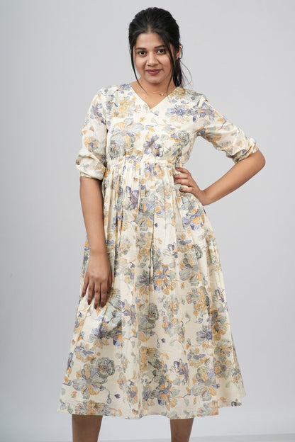 Cream Floral Cotton Tiered A-Line Dress