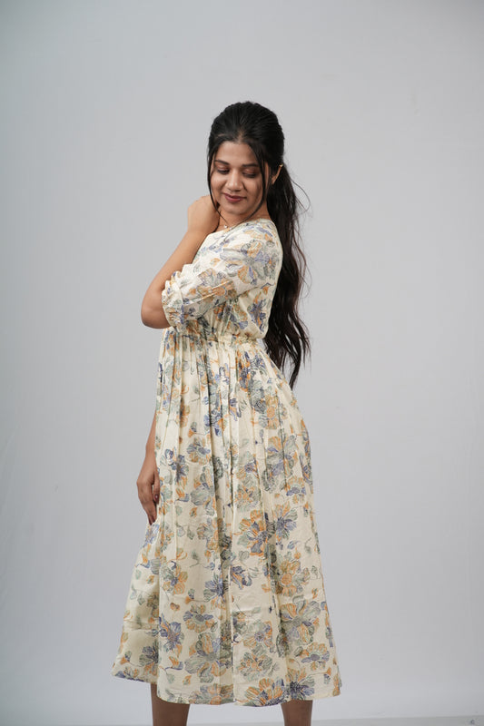 Cream Floral Cotton Tiered A-Line Dress