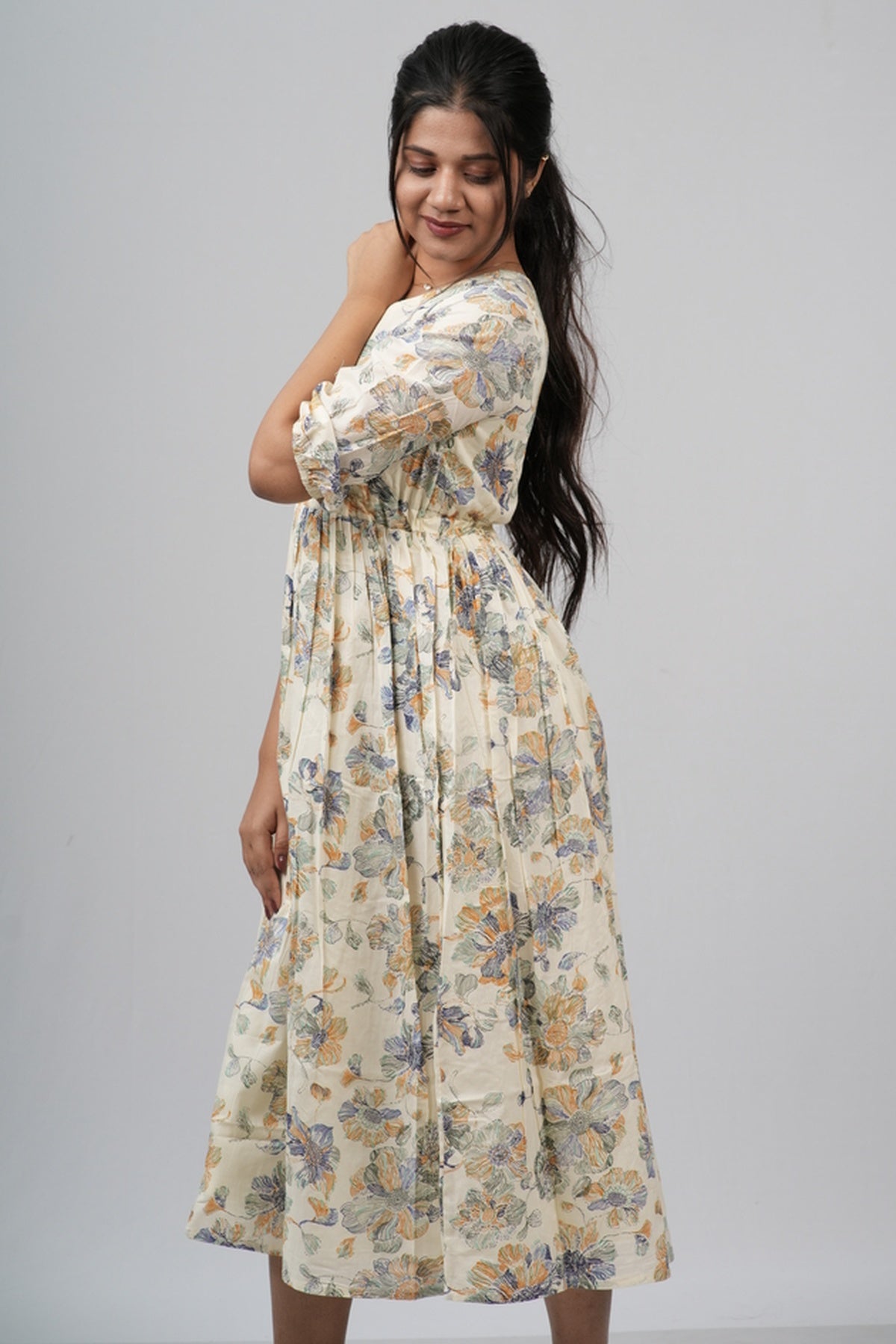 Cream Floral Cotton Tiered A-Line Dress