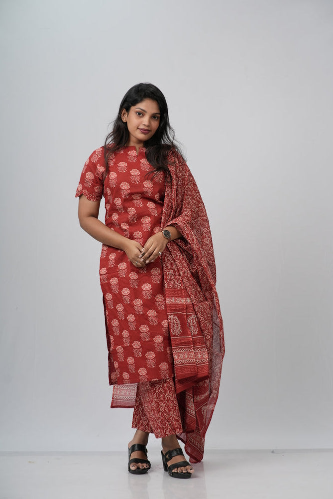 Red Floral Cotton Suit Set