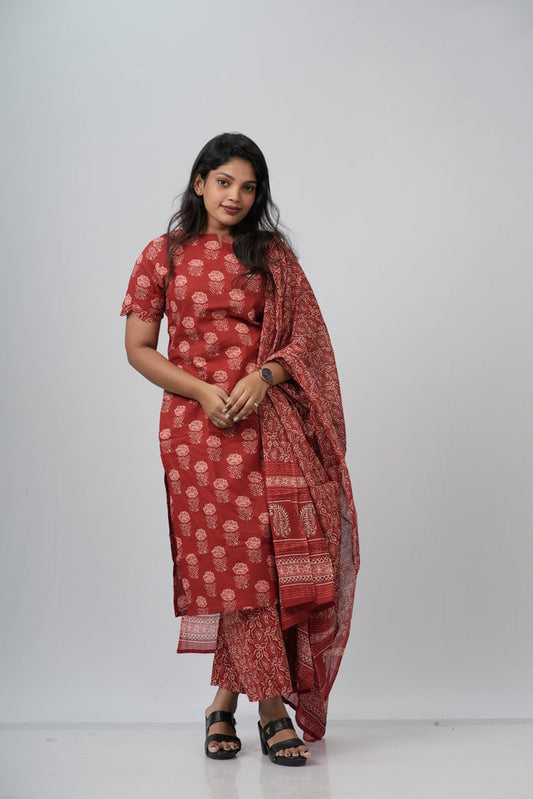 Red Floral Cotton Suit Set