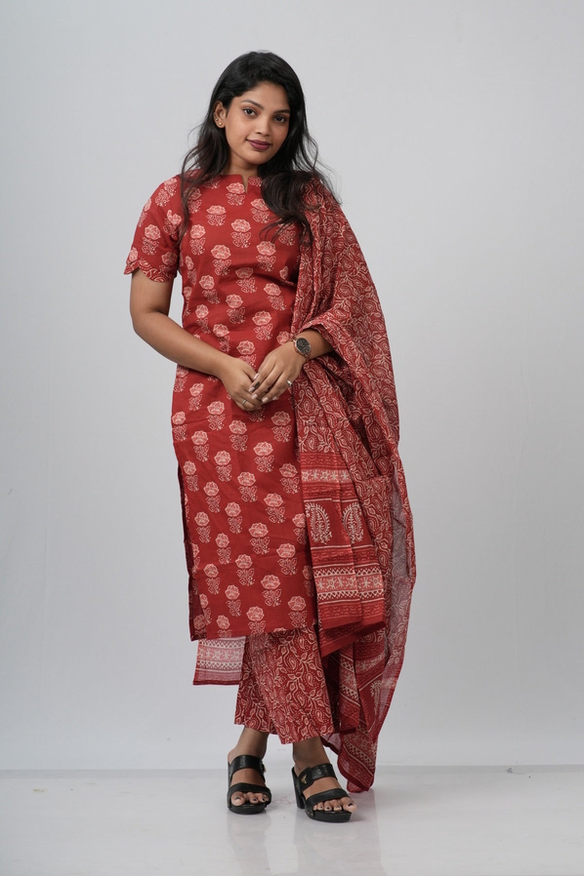 Red Floral Cotton Suit Set
