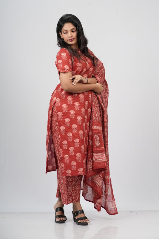 Red Floral Cotton Suit Set