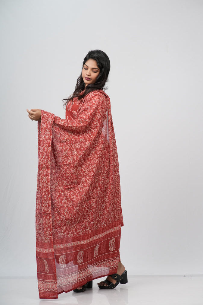 Red Floral Cotton Suit Set