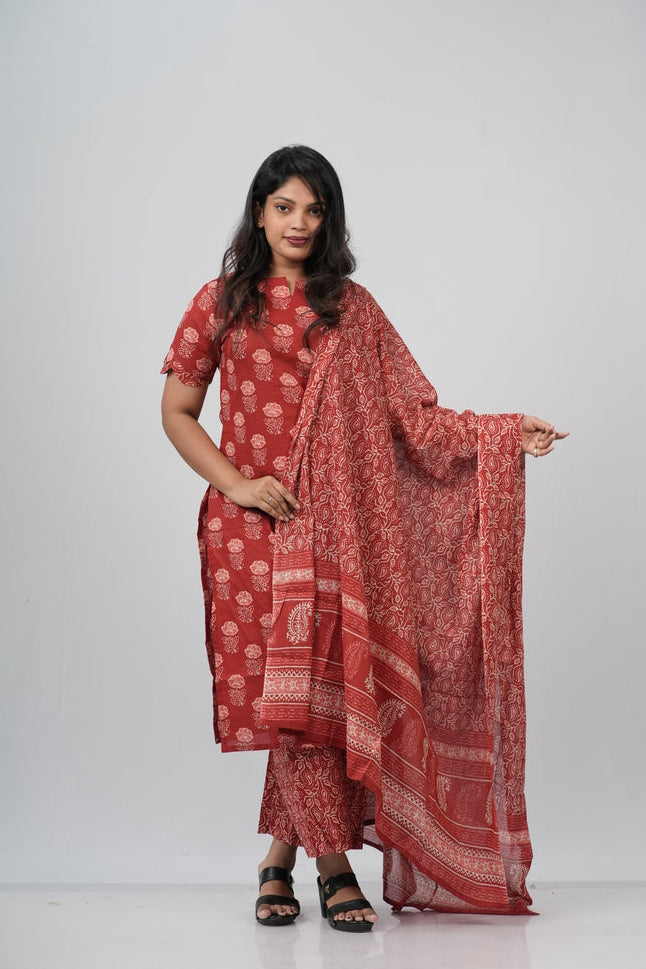 Red Floral Cotton Suit Set