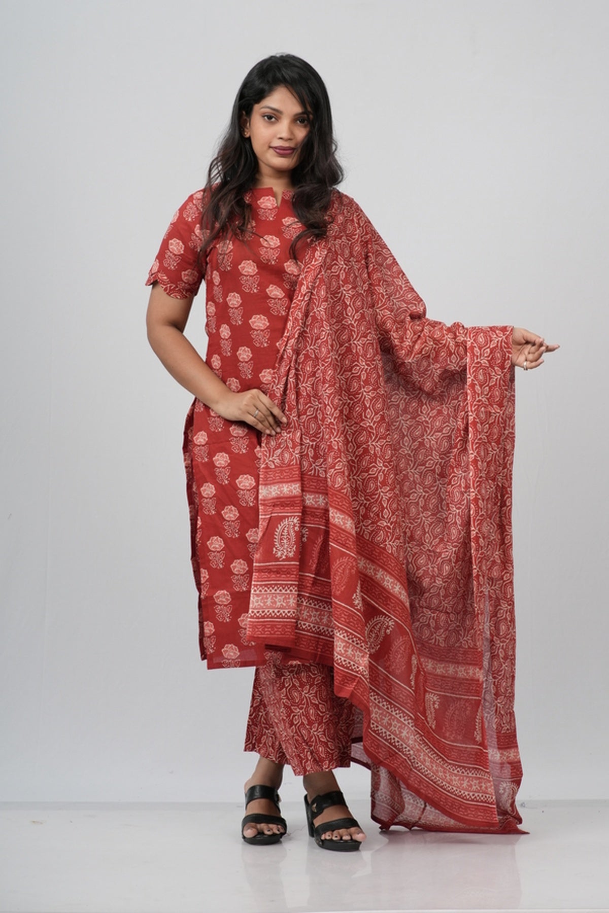Red Floral Cotton Suit Set