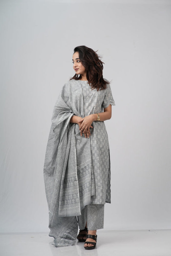 Silver Grey Chevron Cotton Suit Set
