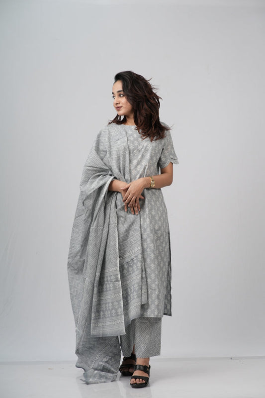Silver Grey Chevron Cotton Suit Set