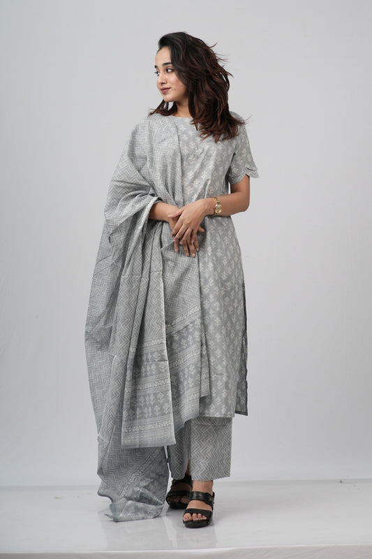 Silver Grey Chevron Cotton Suit Set