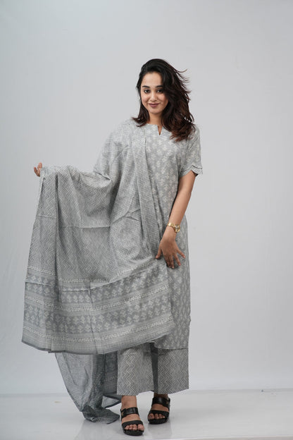 Silver Grey Chevron Cotton Suit Set