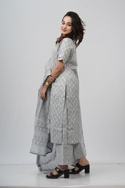 Silver Grey Chevron Cotton Suit Set