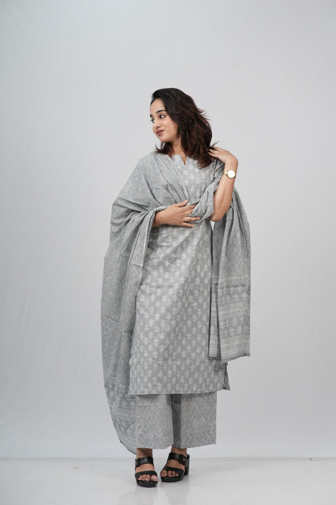 Silver Grey Chevron Cotton Suit Set