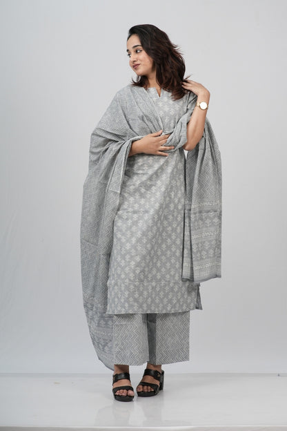 Silver Grey Chevron Cotton Suit Set