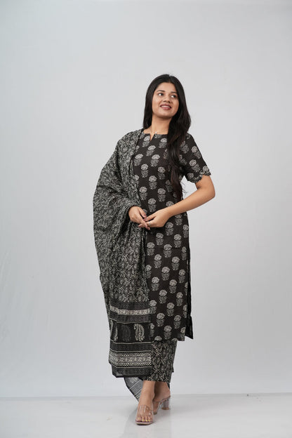 Midnight Bloom Hand Block Print Cotton Suit Set